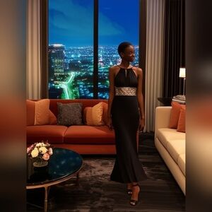 NWT Gorgeous Black Halter Tie Back Maxi Gown